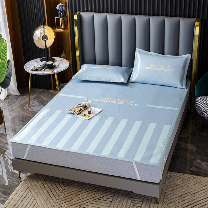 91家纺网 家纺一手货源 找家纺 小芽家居 2024新款冰丝斜纹提花凉席三件套 洛丽塔-蓝