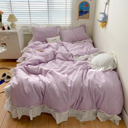 91家纺网 家纺一手货源 找家纺 （总）桃子 2021新款纯棉色织水洗棉花边华夫格系列四件套