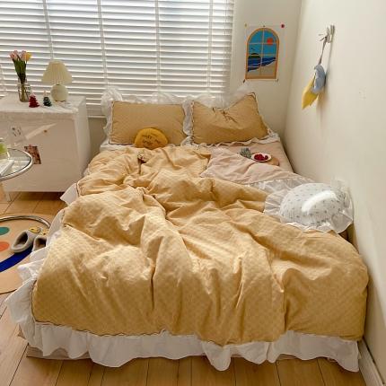 91家纺网 家纺一手货源 找家纺 （总）桃子 2021新款纯棉色织水洗棉花边华夫格系列四件套