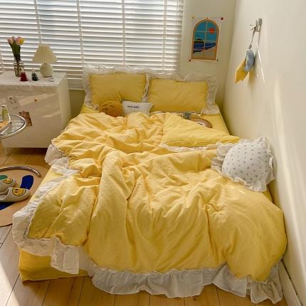 91家纺网 家纺一手货源 找家纺 （总）桃子 2021新款纯棉色织水洗棉花边华夫格系列四件套