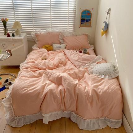 91家纺网 家纺一手货源 找家纺 （总）桃子 2021新款纯棉色织水洗棉花边华夫格系列四件套