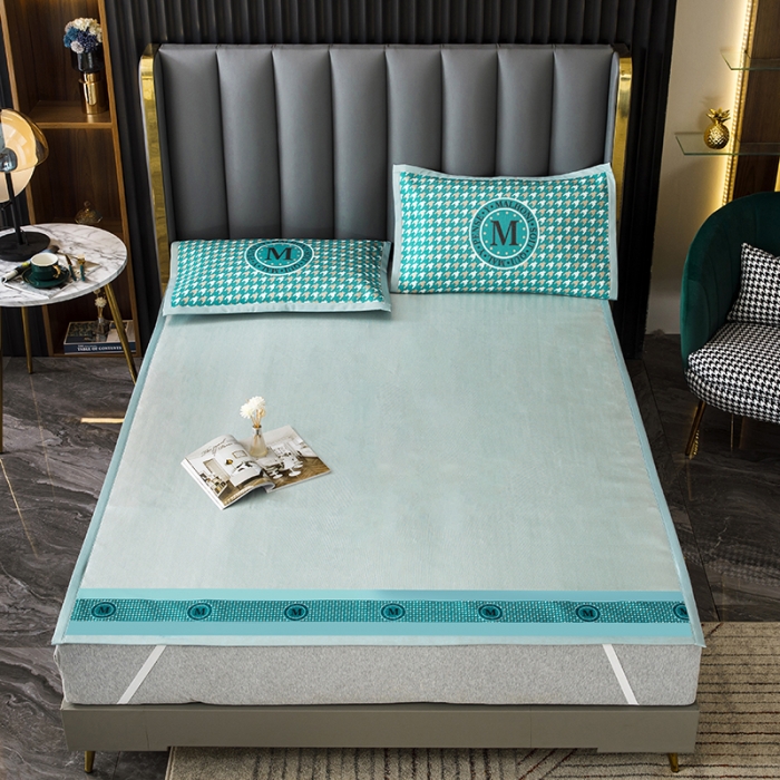 91家纺网 家纺一手货源 找家纺 小芽家居 2024新款千鸟格冰丝凉席三件套 千鸟格-孔雀蓝