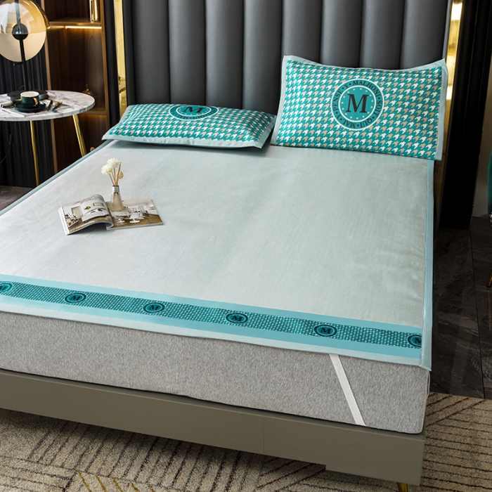 91家纺网 家纺一手货源 找家纺 小芽家居 2024新款千鸟格冰丝凉席三件套 千鸟格-孔雀蓝