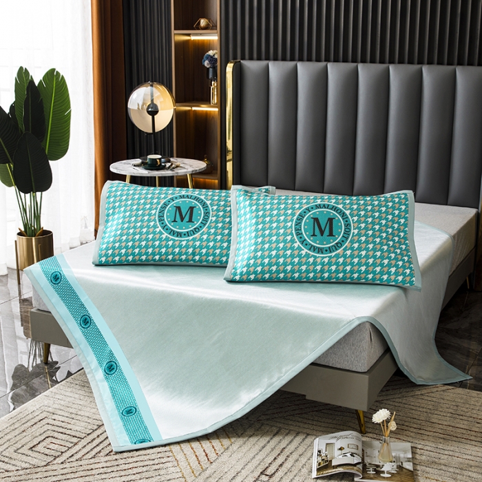 91家纺网 家纺一手货源 找家纺 小芽家居 2024新款千鸟格冰丝凉席三件套 千鸟格-孔雀蓝