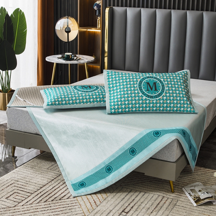 91家纺网 家纺一手货源 找家纺 小芽家居 2024新款千鸟格冰丝凉席三件套 千鸟格-孔雀蓝