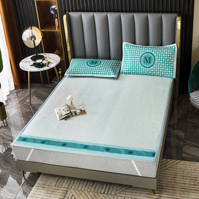 91家纺网 家纺一手货源 找家纺 小芽家居 2024新款千鸟格冰丝凉席三件套 千鸟格-孔雀蓝