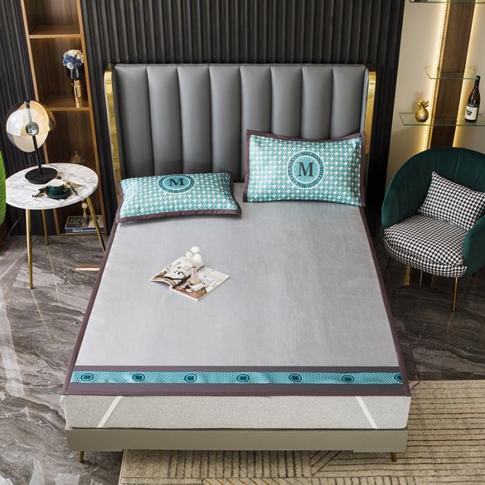 91家纺网 家纺一手货源 找家纺 小芽家居 2024新款千鸟格冰丝凉席三件套 千鸟格-银灰