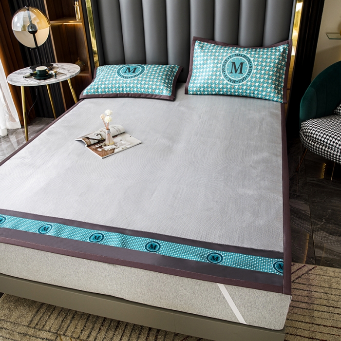 91家纺网 家纺一手货源 找家纺 小芽家居 2024新款千鸟格冰丝凉席三件套 千鸟格-银灰