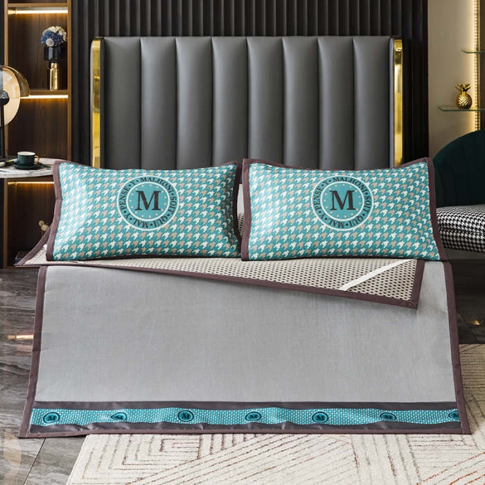 91家纺网 家纺一手货源 找家纺 小芽家居 2024新款千鸟格冰丝凉席三件套 千鸟格-银灰