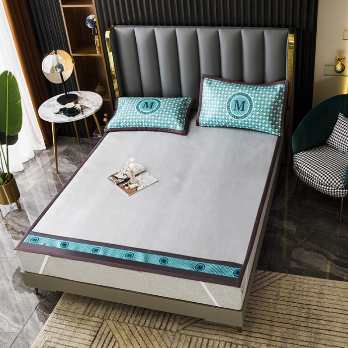 91家纺网 家纺一手货源 找家纺 小芽家居 2024新款千鸟格冰丝凉席三件套 千鸟格-银灰