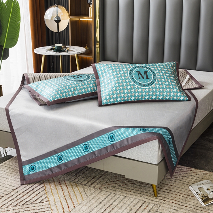 91家纺网 家纺一手货源 找家纺 小芽家居 2024新款千鸟格冰丝凉席三件套 千鸟格-银灰