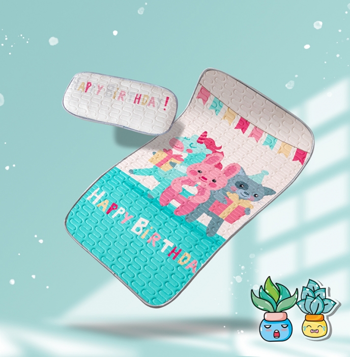 91家纺网 家纺一手货源 找家纺 小芽家居 2024新款儿童乳胶凉席卡通 生日快乐