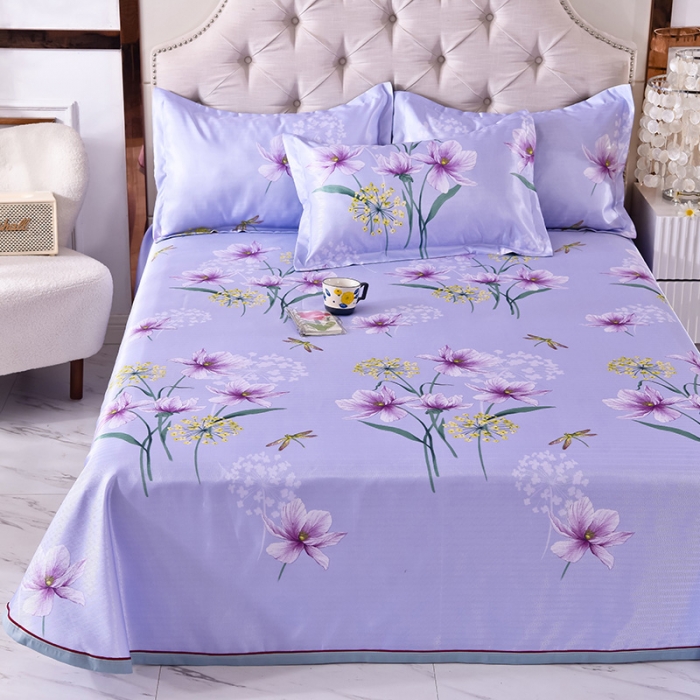 91家纺网 家纺一手货源 找家纺 甜之梦家纺 2025新款印花冰丝单品凉席床单款琼花玉叶灰紫