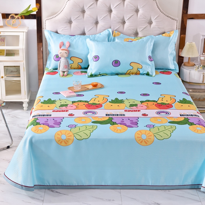 91家纺网 家纺一手货源 找家纺 甜之梦家纺 2025新款印花冰丝单品凉席床单款水果乐园蓝