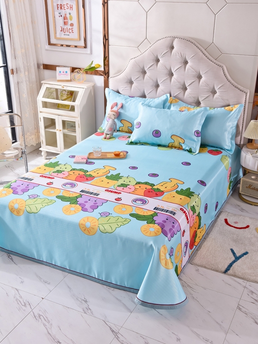 91家纺网 家纺一手货源 找家纺 甜之梦家纺 2025新款印花冰丝单品凉席床单款水果乐园蓝