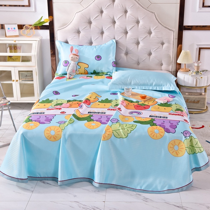 91家纺网 家纺一手货源 找家纺 甜之梦家纺 2025新款印花冰丝单品凉席床单款水果乐园蓝