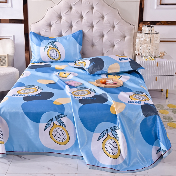 91家纺网 家纺一手货源 找家纺 甜之梦家纺 2025新款印花冰丝单品凉席床单款夏日柠檬蓝