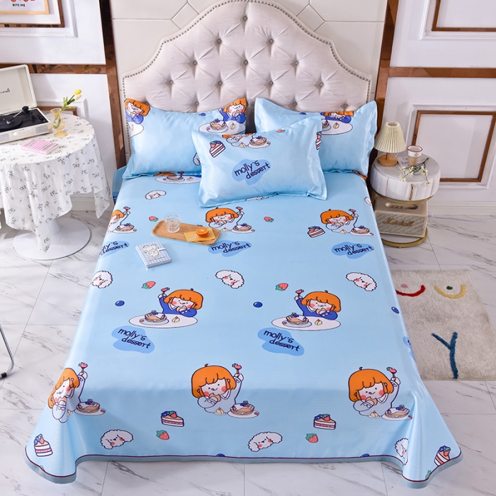 91家纺网 家纺一手货源 找家纺 甜之梦家纺 2025新款印花冰丝单品凉席床单款小明同学蓝