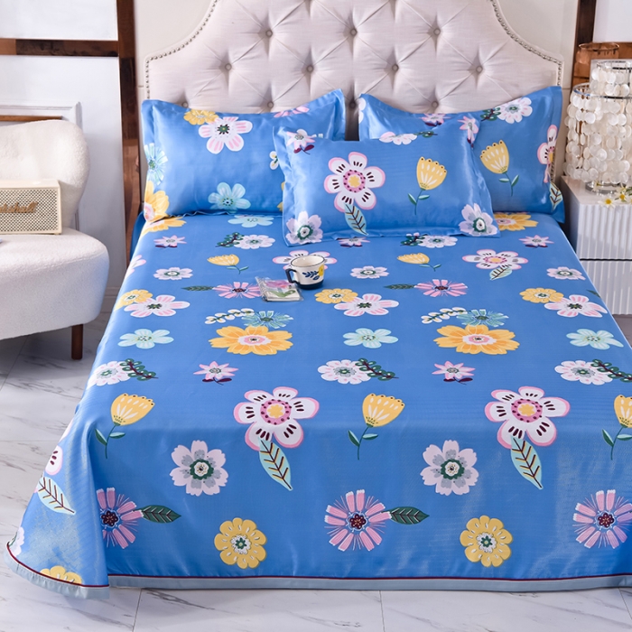 91家纺网 家纺一手货源 找家纺 甜之梦家纺 2025新款印花冰丝单品凉席床单款悠悠花香蓝