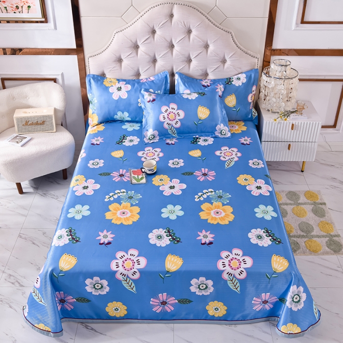 91家纺网 家纺一手货源 找家纺 甜之梦家纺 2025新款印花冰丝单品凉席床单款悠悠花香蓝