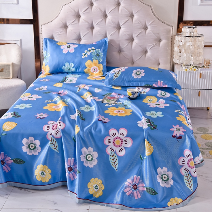 91家纺网 家纺一手货源 找家纺 甜之梦家纺 2025新款印花冰丝单品凉席床单款悠悠花香蓝