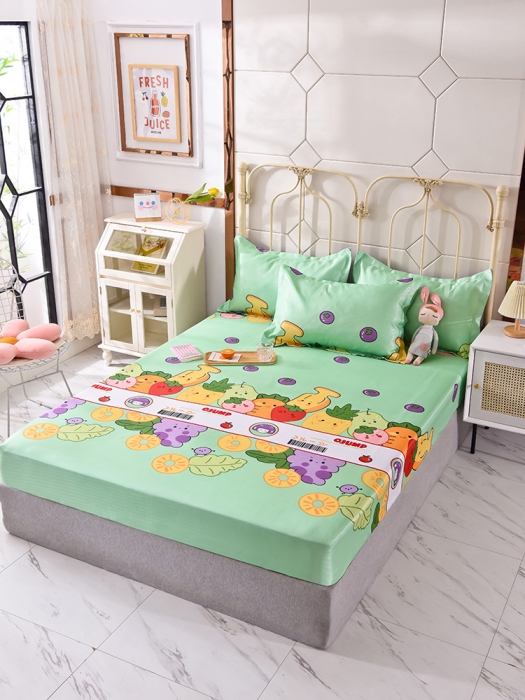 91家纺网 家纺一手货源 找家纺 甜之梦家纺 2025新款印花冰丝单品凉席床笠款水果乐园绿