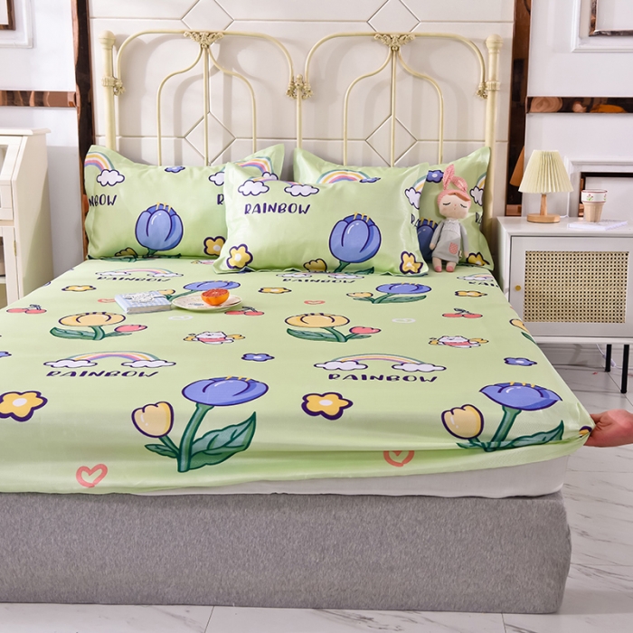 91家纺网 家纺一手货源 找家纺 甜之梦家纺 2025新款印花冰丝单品凉席床笠款夏日童年绿