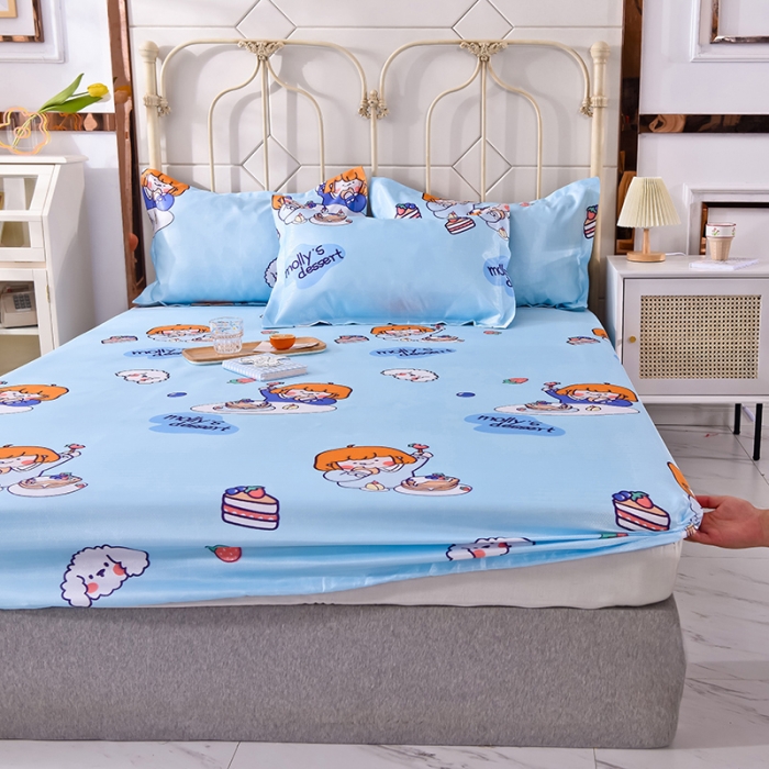 91家纺网 家纺一手货源 找家纺 甜之梦家纺 2025新款印花冰丝单品凉席床笠款小明同学蓝