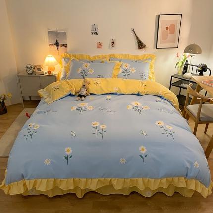 91家纺网 家纺一手货源 找家纺 维娜斯 2021新款植物羊绒磨毛韩版花边四件套 花语-蓝