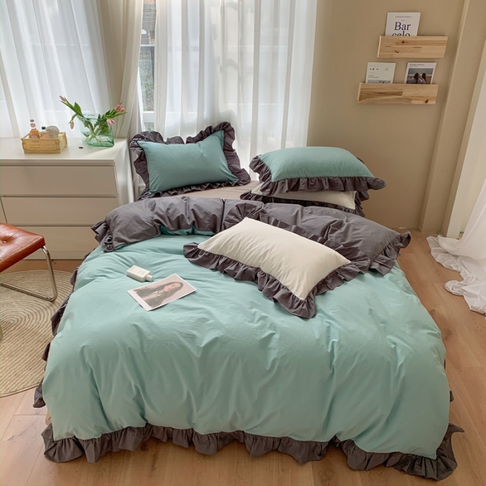 91家纺网 家纺一手货源 找家纺 时年家纺 2021新款水洗棉花边款四件套 豆蔻青灰