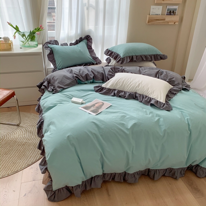 91家纺网 家纺一手货源 找家纺 时年家纺 2021新款水洗棉花边款四件套 豆蔻青灰