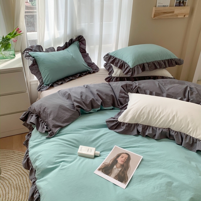 91家纺网 家纺一手货源 找家纺 时年家纺 2021新款水洗棉花边款四件套 豆蔻青灰