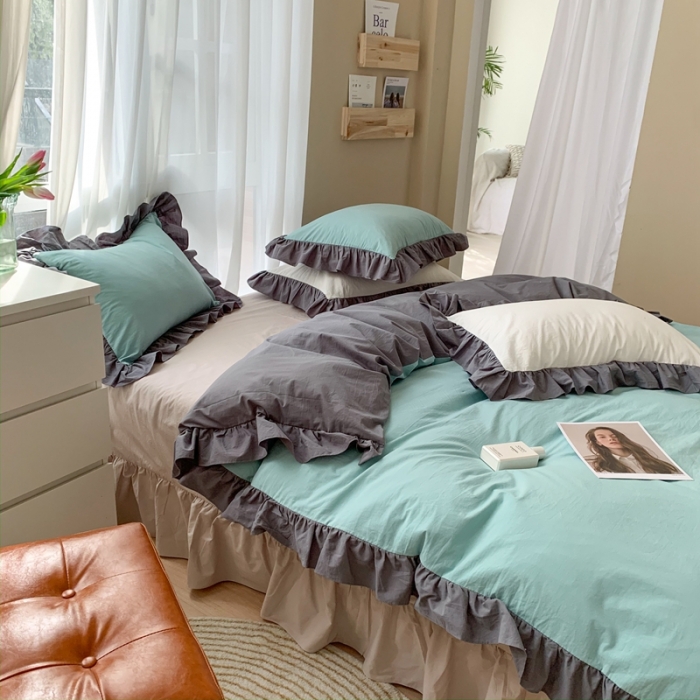 91家纺网 家纺一手货源 找家纺 时年家纺 2021新款水洗棉花边款四件套 豆蔻青灰