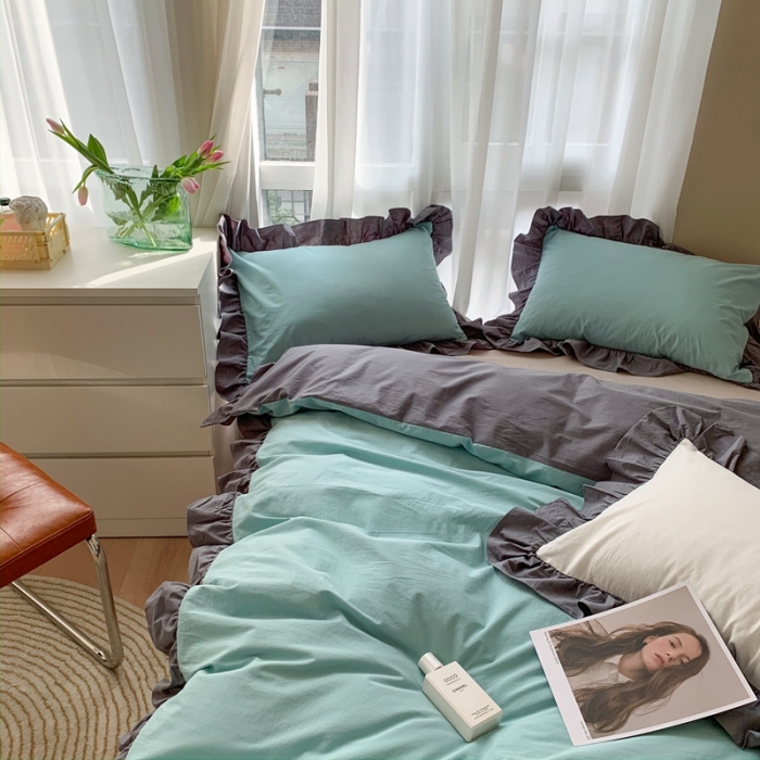 91家纺网 家纺一手货源 找家纺 时年家纺 2021新款水洗棉花边款四件套 豆蔻青灰