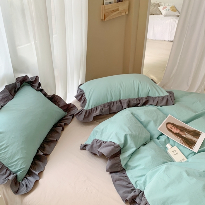 91家纺网 家纺一手货源 找家纺 时年家纺 2021新款水洗棉花边款四件套 豆蔻青灰