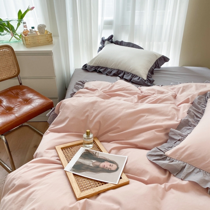 91家纺网 家纺一手货源 找家纺 时年家纺 2021新款水洗棉花边款四件套 复古橡粉