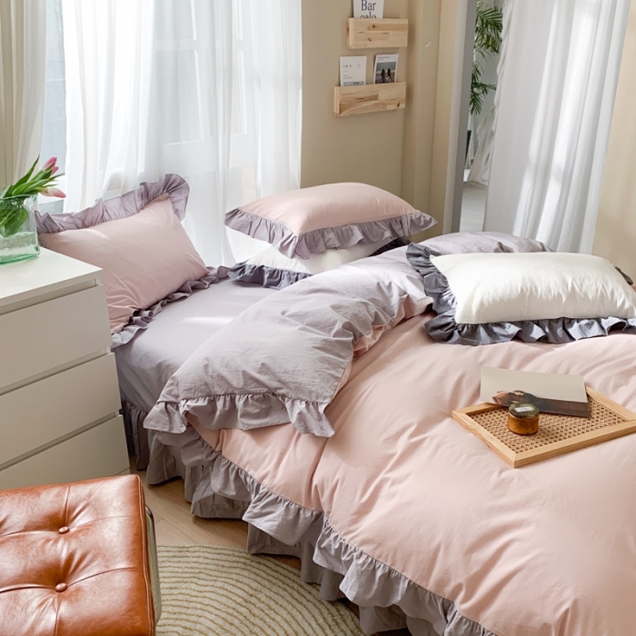 91家纺网 家纺一手货源 找家纺 时年家纺 2021新款水洗棉花边款四件套 复古橡粉