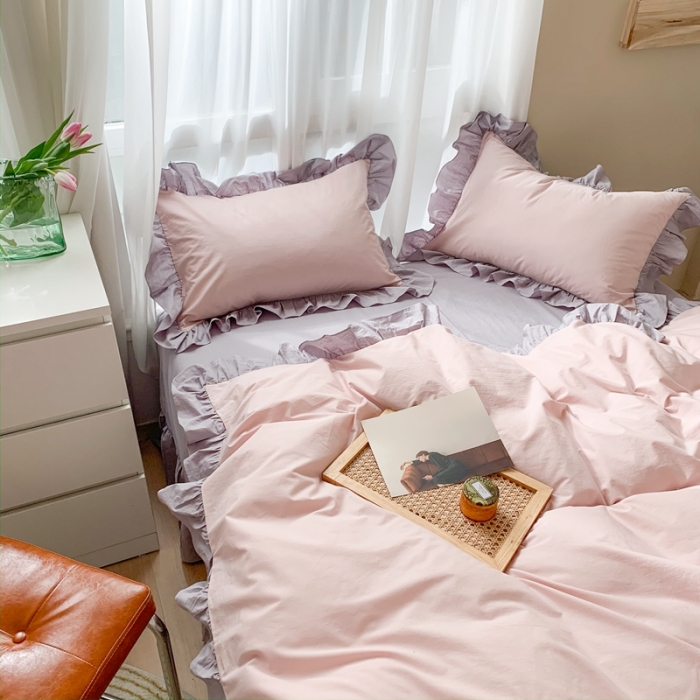 91家纺网 家纺一手货源 找家纺 时年家纺 2021新款水洗棉花边款四件套 复古橡粉