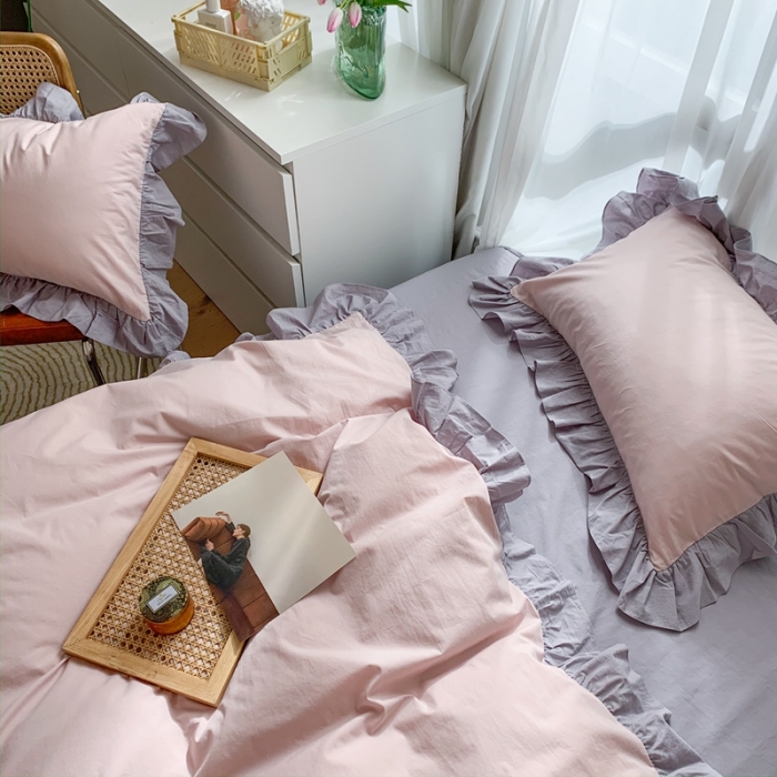 91家纺网 家纺一手货源 找家纺 时年家纺 2021新款水洗棉花边款四件套 复古橡粉