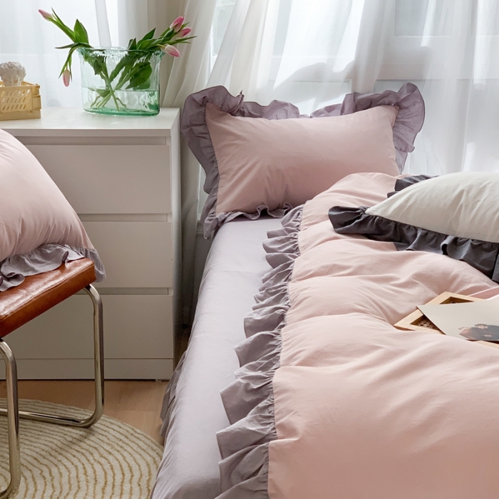 91家纺网 家纺一手货源 找家纺 时年家纺 2021新款水洗棉花边款四件套 复古橡粉