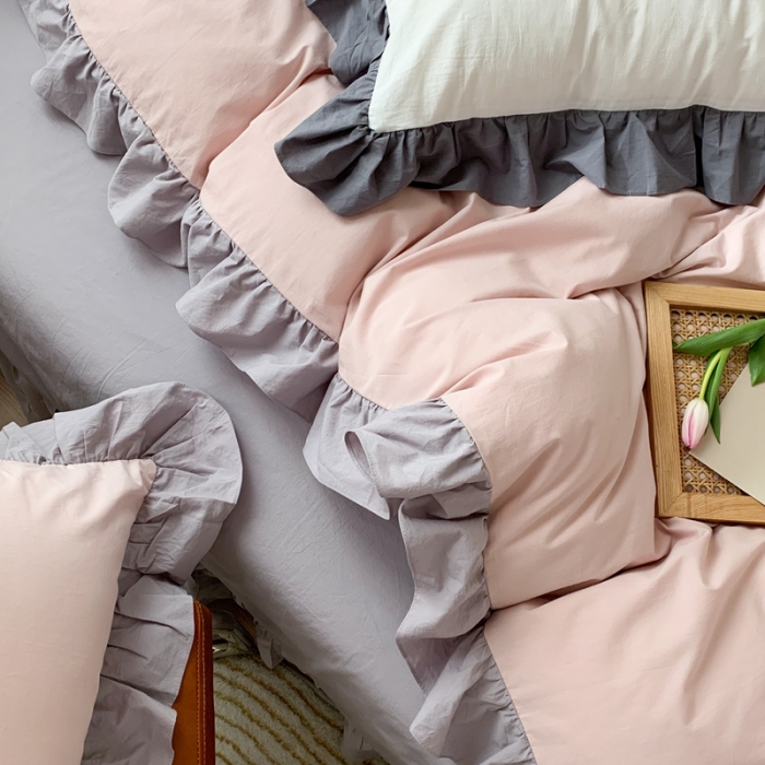 91家纺网 家纺一手货源 找家纺 时年家纺 2021新款水洗棉花边款四件套 复古橡粉