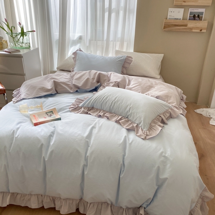 91家纺网 家纺一手货源 找家纺 时年家纺 2021新款水洗棉花边款四件套 和风蓝灰