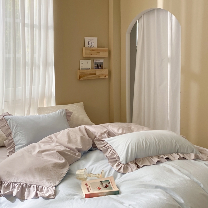 91家纺网 家纺一手货源 找家纺 时年家纺 2021新款水洗棉花边款四件套 和风蓝灰