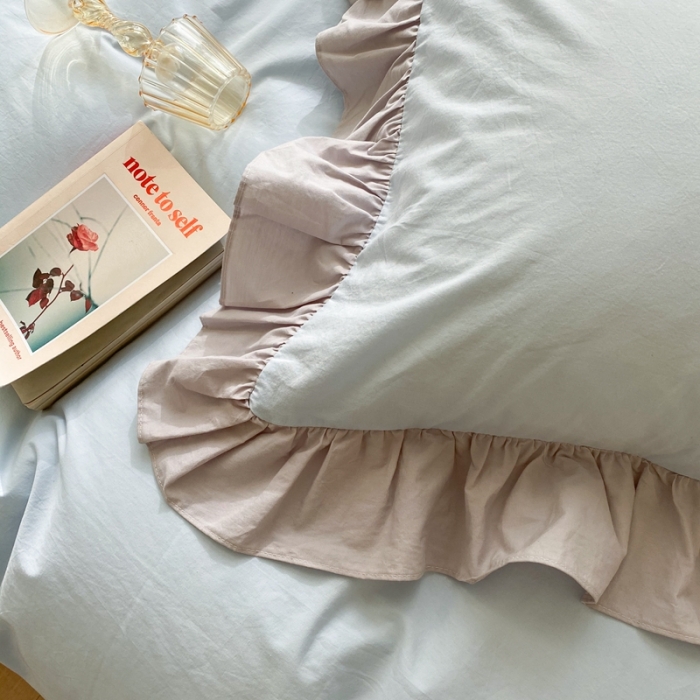 91家纺网 家纺一手货源 找家纺 时年家纺 2021新款水洗棉花边款四件套 和风蓝灰