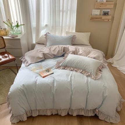 时年家纺 2021新款水洗棉花边款四件套 和风蓝灰