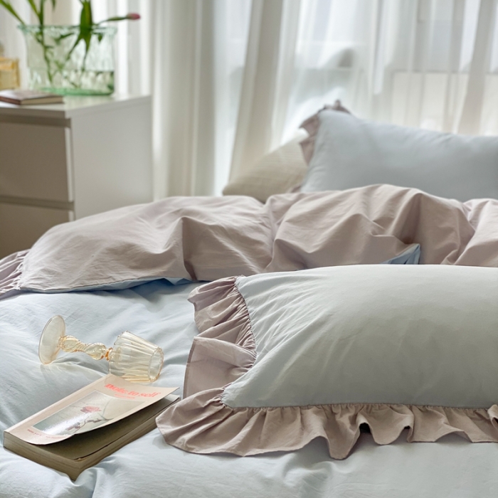 91家纺网 家纺一手货源 找家纺 时年家纺 2021新款水洗棉花边款四件套 和风蓝灰