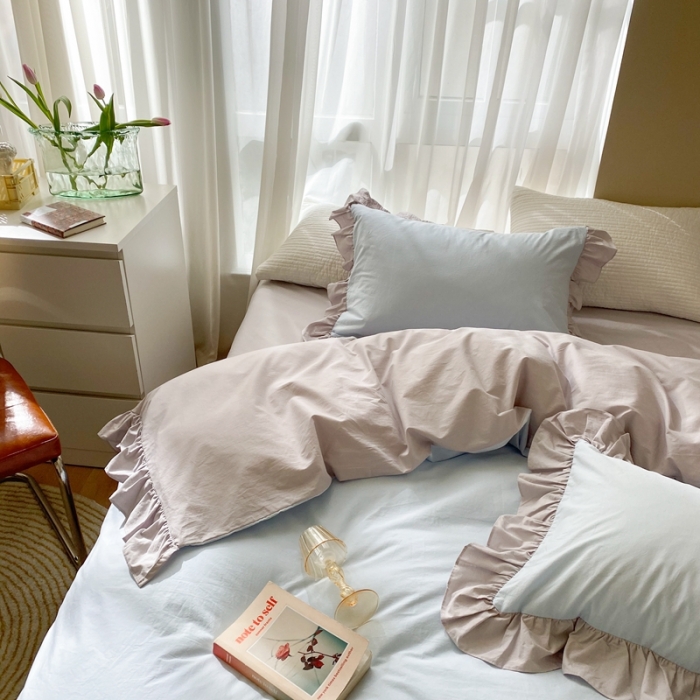 91家纺网 家纺一手货源 找家纺 时年家纺 2021新款水洗棉花边款四件套 和风蓝灰