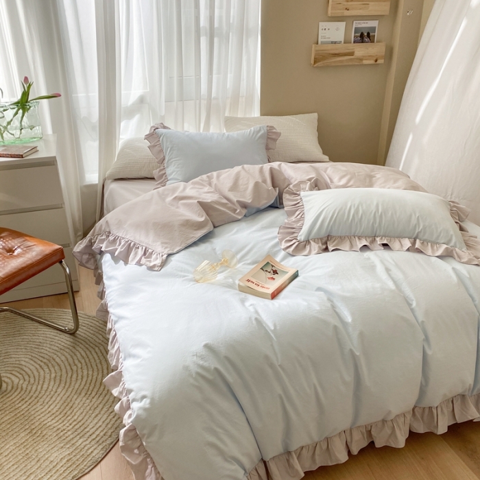 91家纺网 家纺一手货源 找家纺 时年家纺 2021新款水洗棉花边款四件套 和风蓝灰