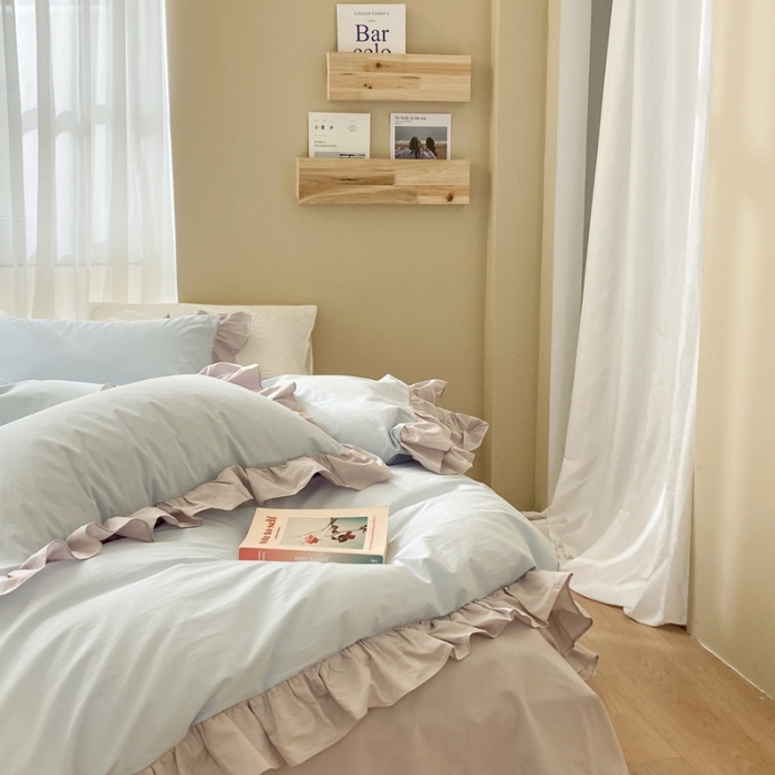 91家纺网 家纺一手货源 找家纺 时年家纺 2021新款水洗棉花边款四件套 和风蓝灰