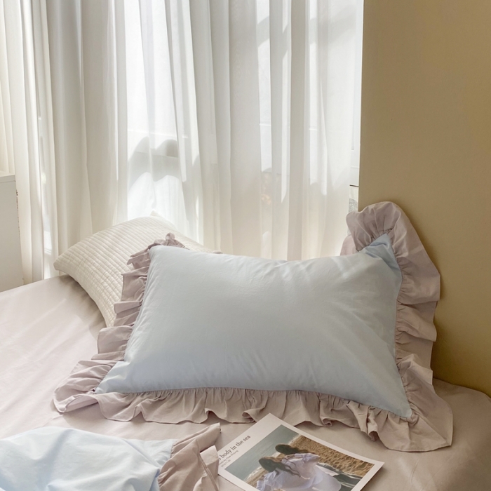 91家纺网 家纺一手货源 找家纺 时年家纺 2021新款水洗棉花边款四件套 和风蓝灰